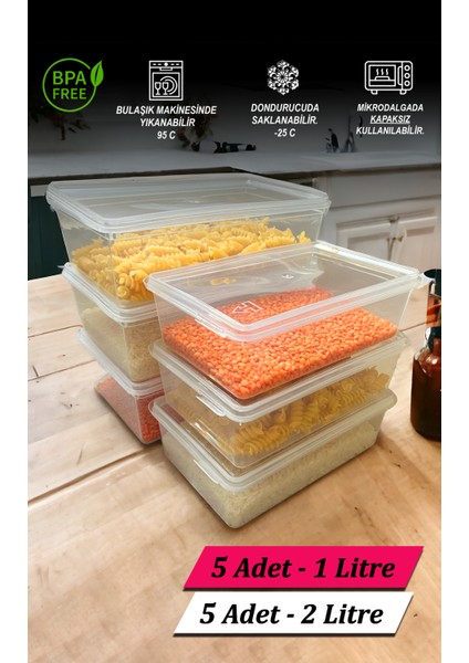 Plastik Kendinden Kilitli- Kapaklı Saklama Kabı 1Litre 5Adet & 2Litre 5Adet DerinDondurucu&Gıda&Buzdolabı