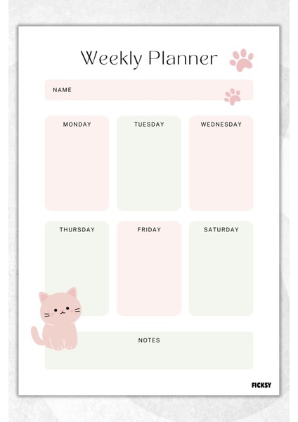 Haftalık Planlayıcı - A4 Ebat - Sevimli Kedi - 30 Yaprak - Weekly Planner