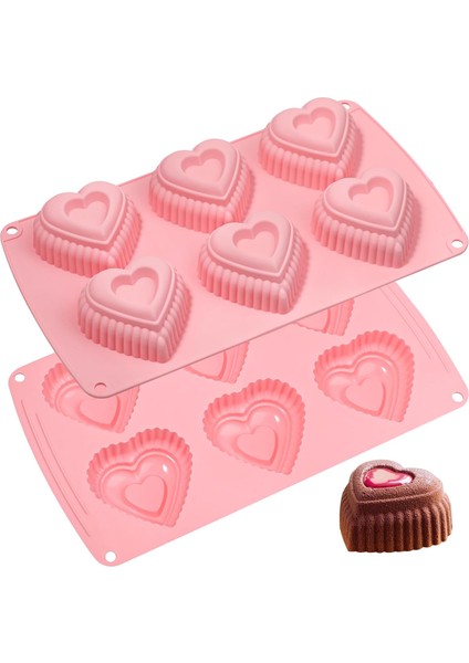 Silikon Kalp Kek Kalıbı Katmanlı Mini Kalp Şeklinde Kek Tavaları, 6-Cavity Kalp Bunt Kek Kalıpları Muffin Pan, 2'li Paket (Yurt Dışından)