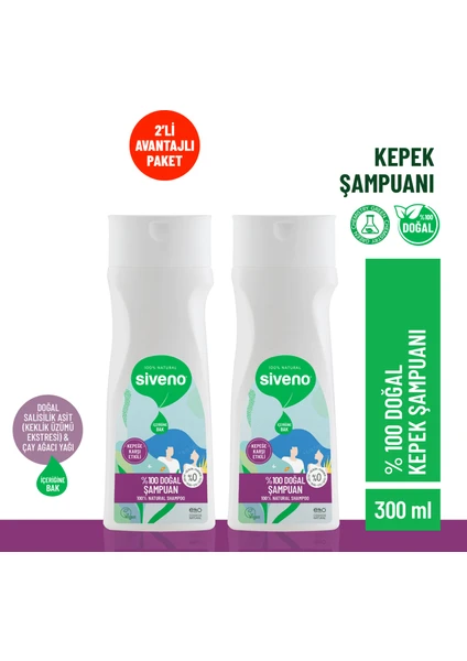 %100 Doğal Kepeğe Karşı Etkili Şampuan Yağlı Saçlar Çay Ağacı Keklik Üzümü Vegan 300 ml X 2 Adet