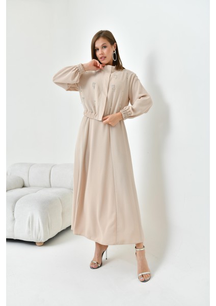 Kadın Simli Crep Etekli Takım Beige 30839