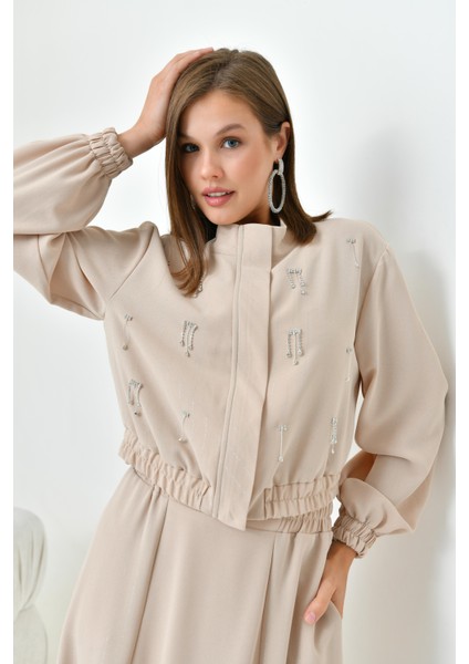 Kadın Simli Crep Etekli Takım Beige 30839 fiyatları