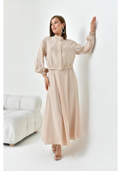 Kadın Simli Crep Etekli Takım Beige 30839 modelleri
