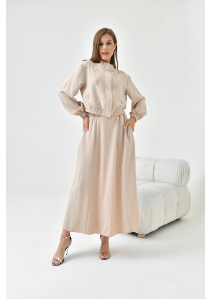 Kadın Simli Crep Etekli Takım Beige 30839 fırsatları