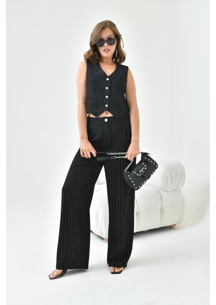 Kadın Simli Crep Yelekli Takım Siyah 30851