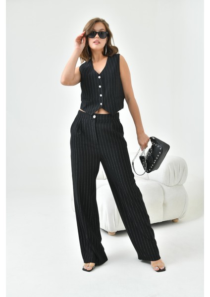 Kadın Simli Crep Yelekli Takım Siyah 30851 fiyatları