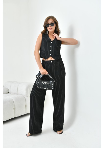 Kadın Simli Crep Yelekli Takım Siyah 30851 modelleri