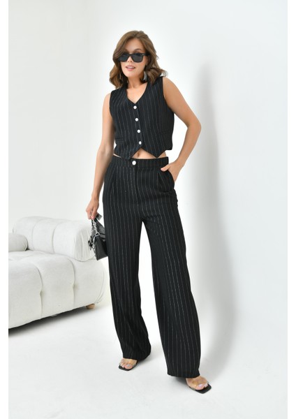 Kadın Simli Crep Yelekli Takım Siyah 30851 fırsatları