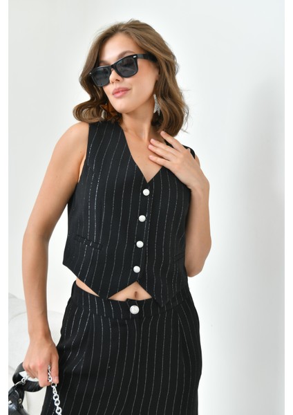 Kadın Simli Crep Yelekli Takım Siyah 30851 indirimleri