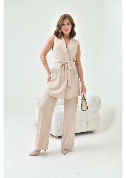 Kadın Yelekli Takım Beige 30823 modelleri