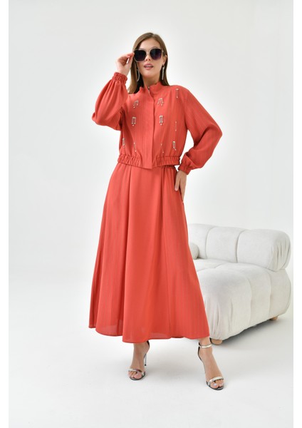 Kadın Simli Crep Etekli Takım Kiremit 30839