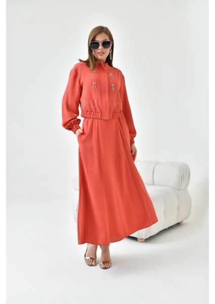 Kadın Simli Crep Etekli Takım Kiremit 30839 fiyatları