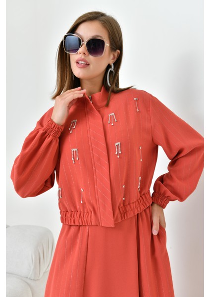 Kadın Simli Crep Etekli Takım Kiremit 30839 modelleri