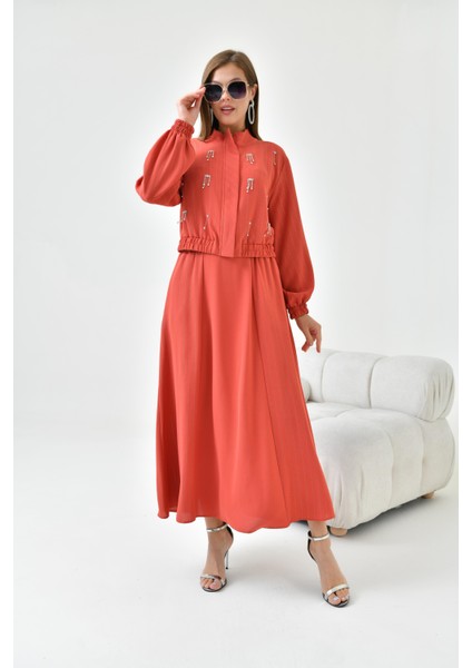 Kadın Simli Crep Etekli Takım Kiremit 30839 fırsatları