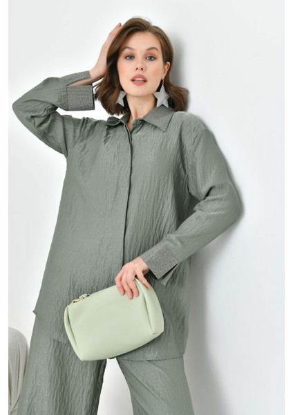 Kadın Yakası Ve Kolu Taşlı Takım Haki 30781 indirimleri