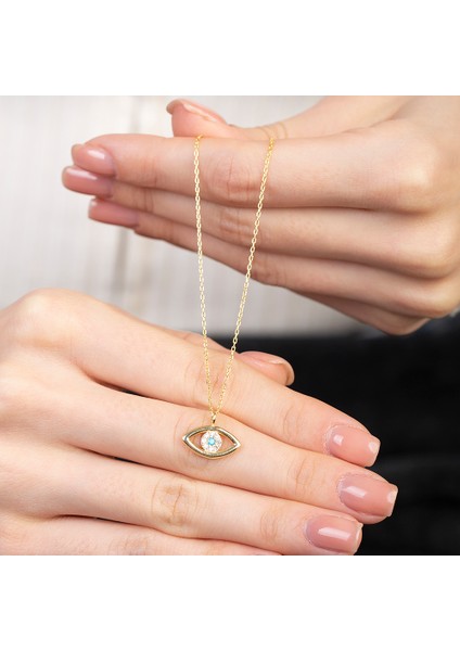 Zirkon Taşlı Göz Tasarım Gold Renk 925 Ayar Gümüş Kadın Kolye indirimleri