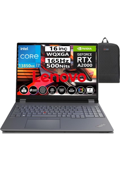 Thinkpad P16 Gen2 Intel Core  I7-13850HX 64GB Ddr5 1tb+1tb SSD 8gb RTXA2000 16" Wqxga W11PRO 165Hz Mobil Iş Istasyonu 21FA000WTXW25+WEBLEGELSINÇANTA