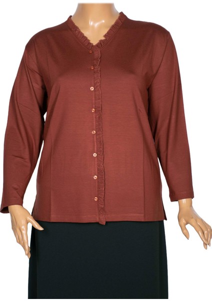 Cimariva Kadın Ülkü Büyük Beden Fırfırlı V Yaka Taba Bluz