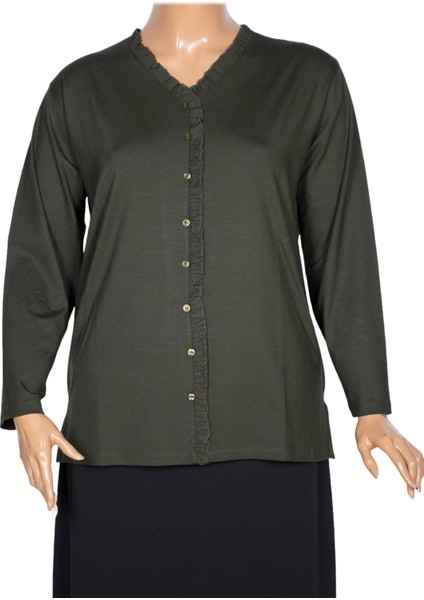 Cimariva Kadın Ülkü Büyük Beden Fırfırlı V Yaka Haki Bluz