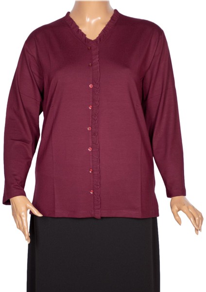 Cimariva Kadın Ülkü Büyük Beden Fırfırlı V Yaka Bordo Bluz