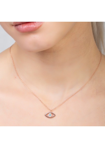 Zirkon Taşlı Göz Tasarım Rose Renk 925 Ayar Gümüş Kadın Kolye fırsatları