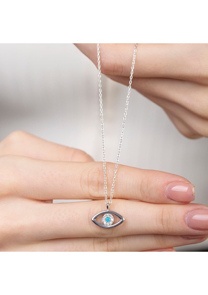 Zirkon Taşlı Göz Tasarım Silver Renk 925 Ayar Gümüş Kadın Kolye indirimleri