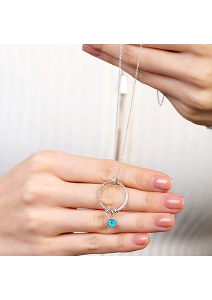 Beyaz Zirkon Taşlı Nazar Boncuğu Detaylı Dorika Top Süslemeli Silver Renk 925 Ayar Gümüş Kadın Kolye indirimleri