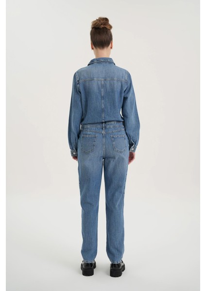 Orta Mavi Patı Düğmeli Jean Tulum C 4535-043 fırsatları