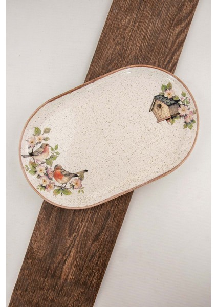 Retro Kuş Büyük Boy Porselen Kayık Tabak