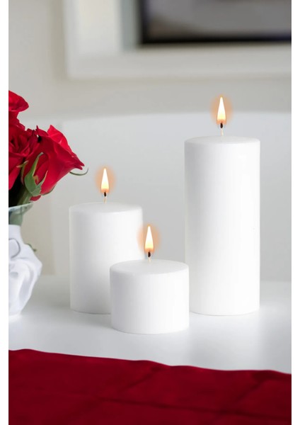 3 Lü Set Büyük Mum Beyaz 7cm Çap 5-9-15 cm