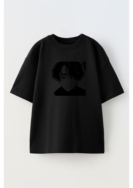 Unisex Siyah Oversize Pamuk Siyah Saçlı Anime Erkek Baskılı Örme T-Shirt