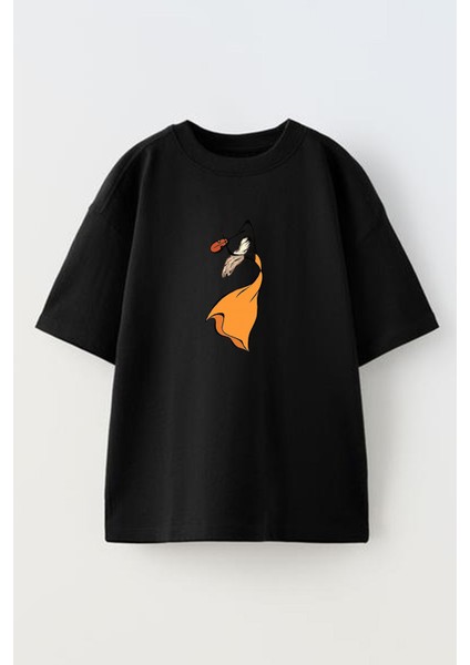Unisex Siyah Oversize Pamuk Kemanlı Kız Çizimi Baskılı Örme T-Shirt