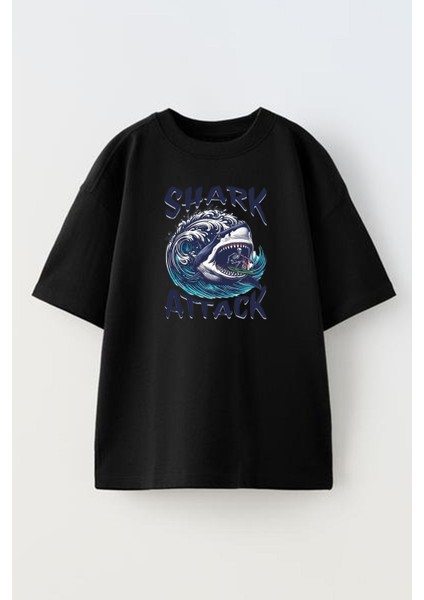Unisex Siyah Oversize Pamuk Shark Attack Baskılı Örme T-Shirt