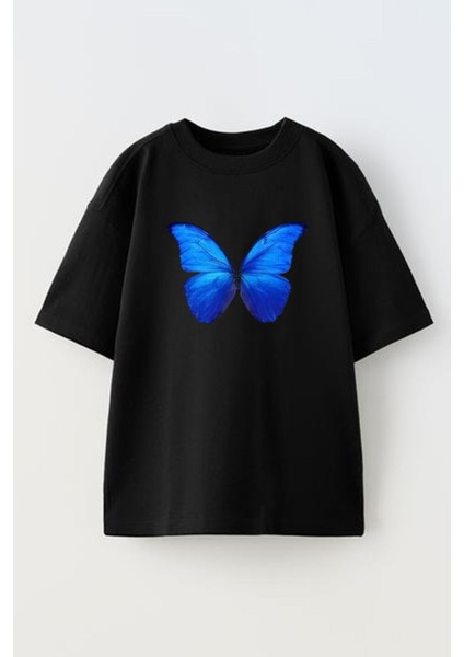 Unisex Siyah Oversize Pamuk Mavi Kelebek Baskılı Örme T-Shirt