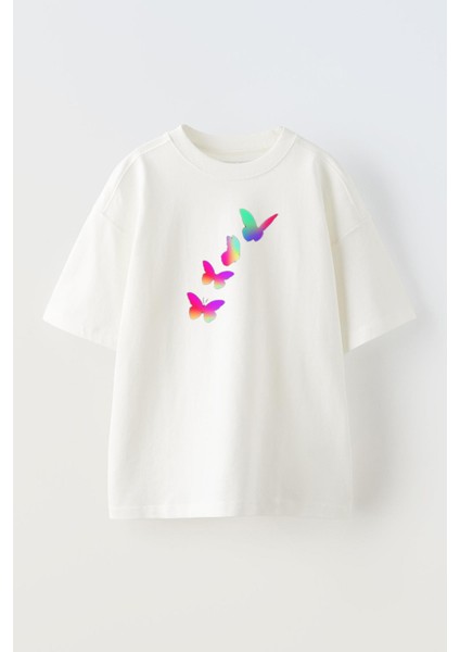 Unisex Beyaz Oversize Pamuk Renkli 4 Kelebek Baskılı Örme T-Shirt