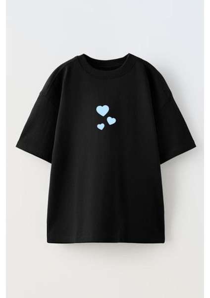 Unisex Siyah Oversize Pamuk Mavi Kalpler Baskılı Örme T-Shirt