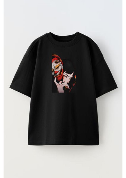 Unisex Siyah Oversize Pamuk Anime Kız Joker Baskılı Örme T-Shirt