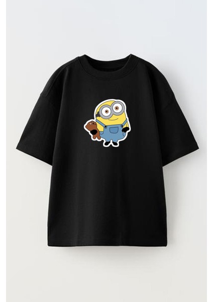 Unisex Siyah Oversize Pamuk Oyuncaklı Minyon Baskılı Örme T-Shirt