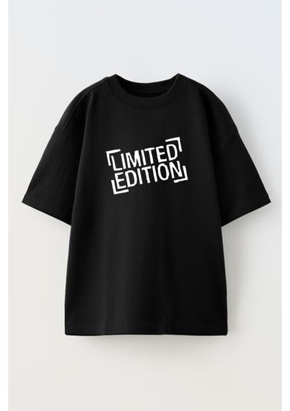 Unisex Siyah Oversize Pamuk Limited Edition Baskılı Örme T-Shirt