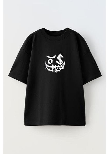 Unisex Siyah Oversize Pamuk Dolar Tek Göz Gülücük Baskılı Örme T-Shirt
