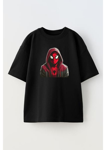 Unisex Siyah Oversize Pamuk Spiderman Kapşonlu Baskılı Örme T-Shirt