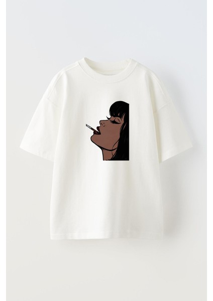 Unisex Beyaz Oversize Pamuk Kahküllü Kadın Karakter Baskılı Örme T-Shirt