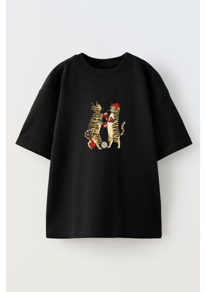 Unisex Siyah Oversize Pamuk Boksör Kediler Baskılı Örme T-Shirt