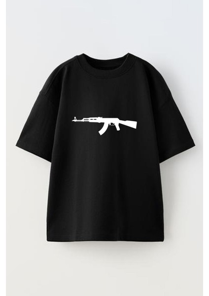 Unisex Siyah Oversize Pamuk AK47 Baskılı Örme T-Shirt