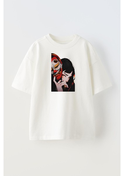 Unisex Beyaz Oversize Pamuk Anime Kız Joker Baskılı Örme T-Shirt