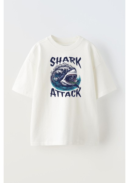 Unisex Beyaz Oversize Pamuk Shark Attack Baskılı Örme T-Shirt