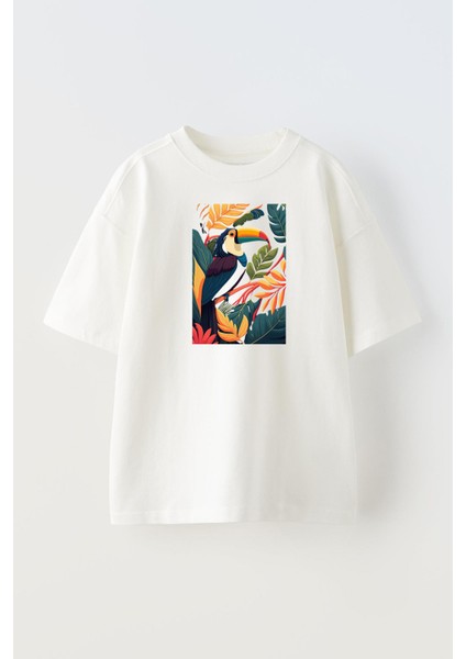 Unisex Beyaz Oversize Pamuk Renkli Papağan Çizim Baskılı Örme T-Shirt