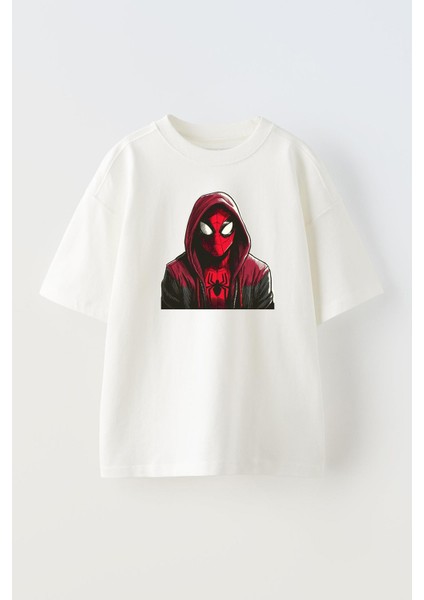 Unisex Beyaz Oversize Pamuk Spiderman Kapşonlu Baskılı Örme T-Shirt