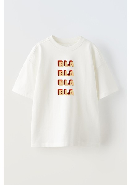 Unisex Beyaz Oversize Pamuk Blabla Baskılı Örme T-Shirt