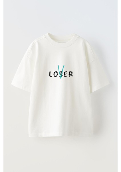 Unisex Beyaz Oversize Pamuk Loser Baskılı Örme T-Shirt